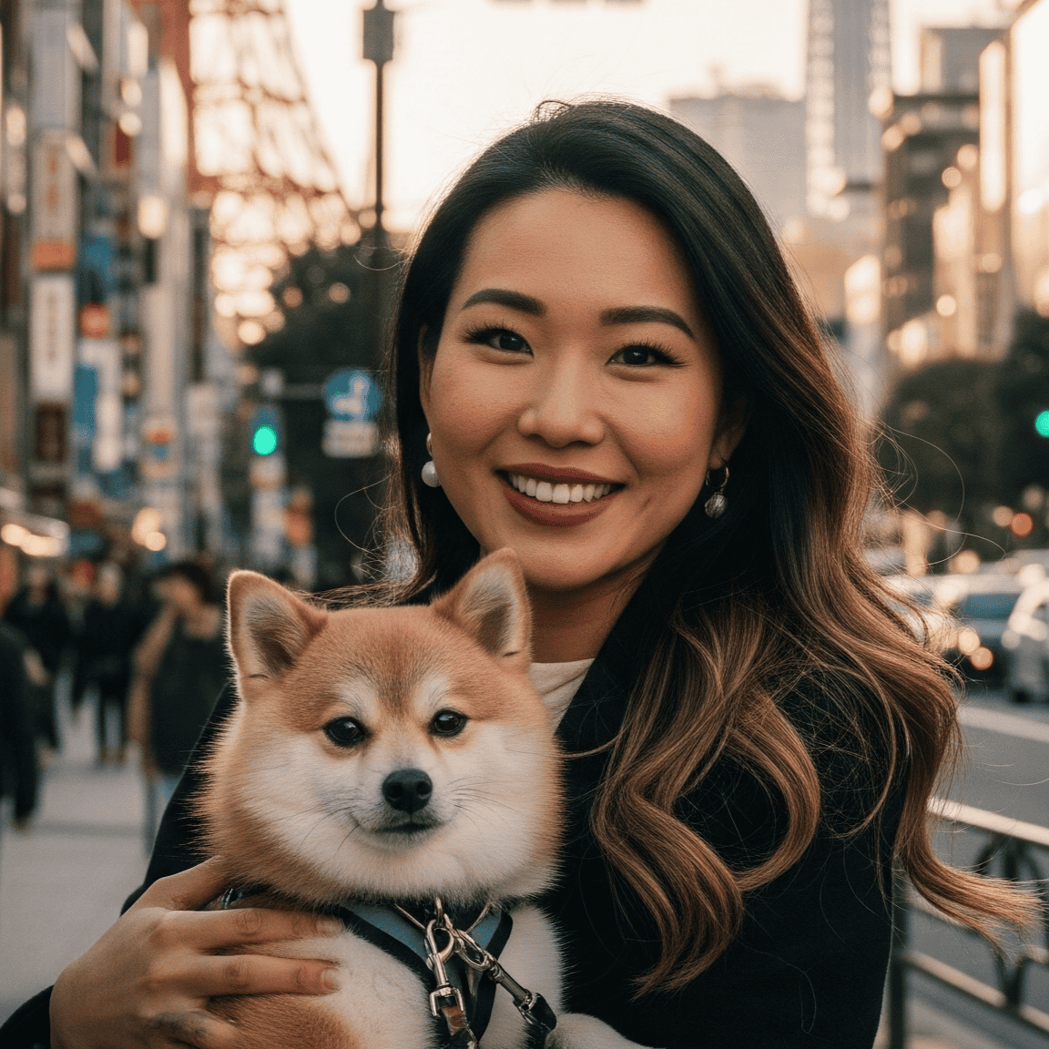 Japanese woman holding a Shiba Inu dog in an urban setting