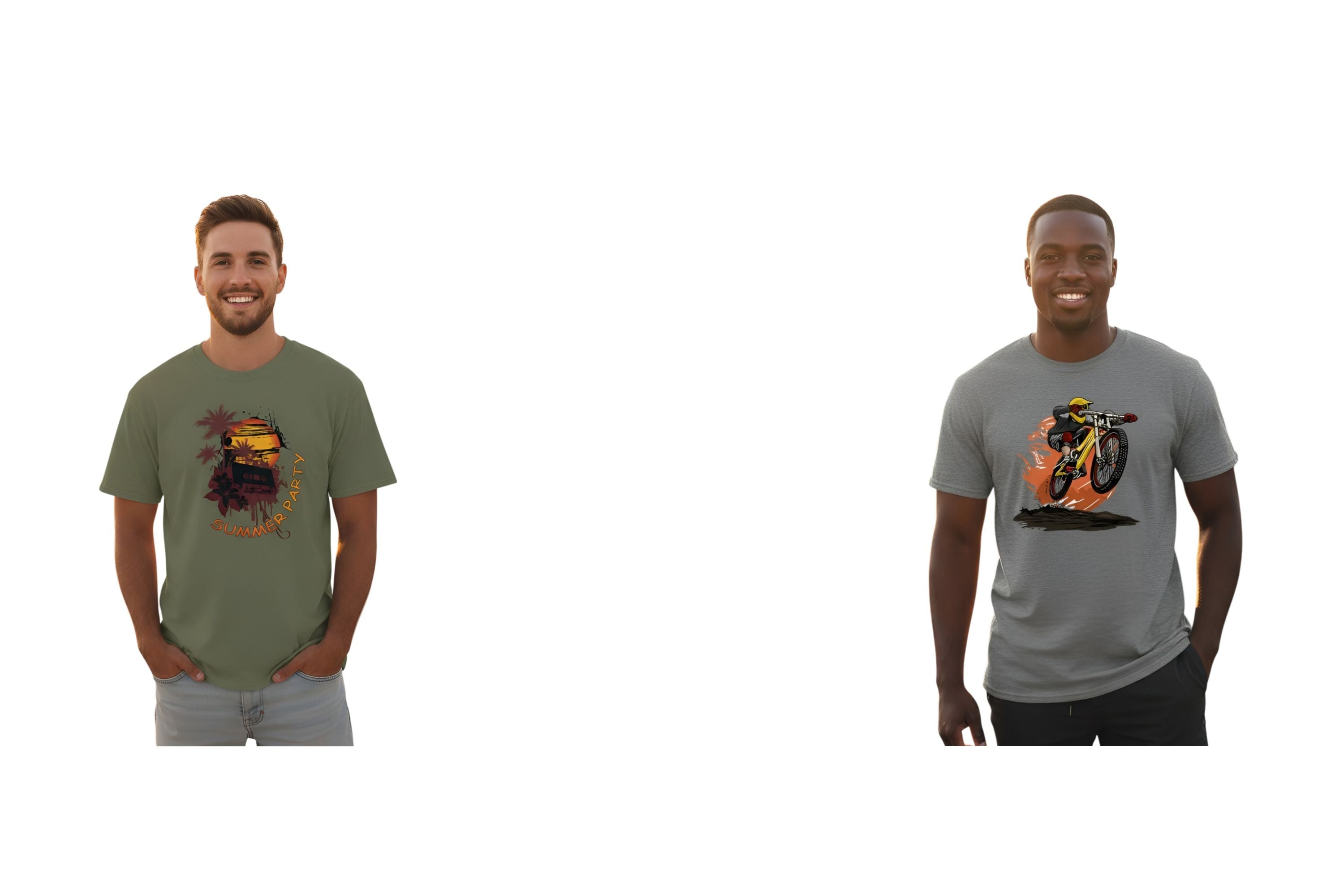 Two men wearing t-shirts with graphic designs on a white background