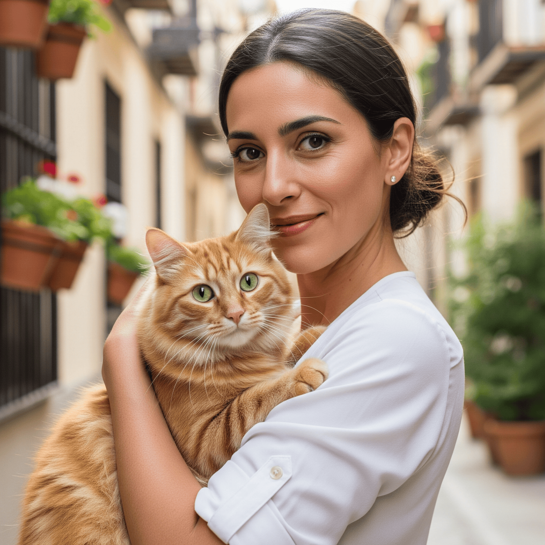 Woman holding an cat in a narrow street with plants
