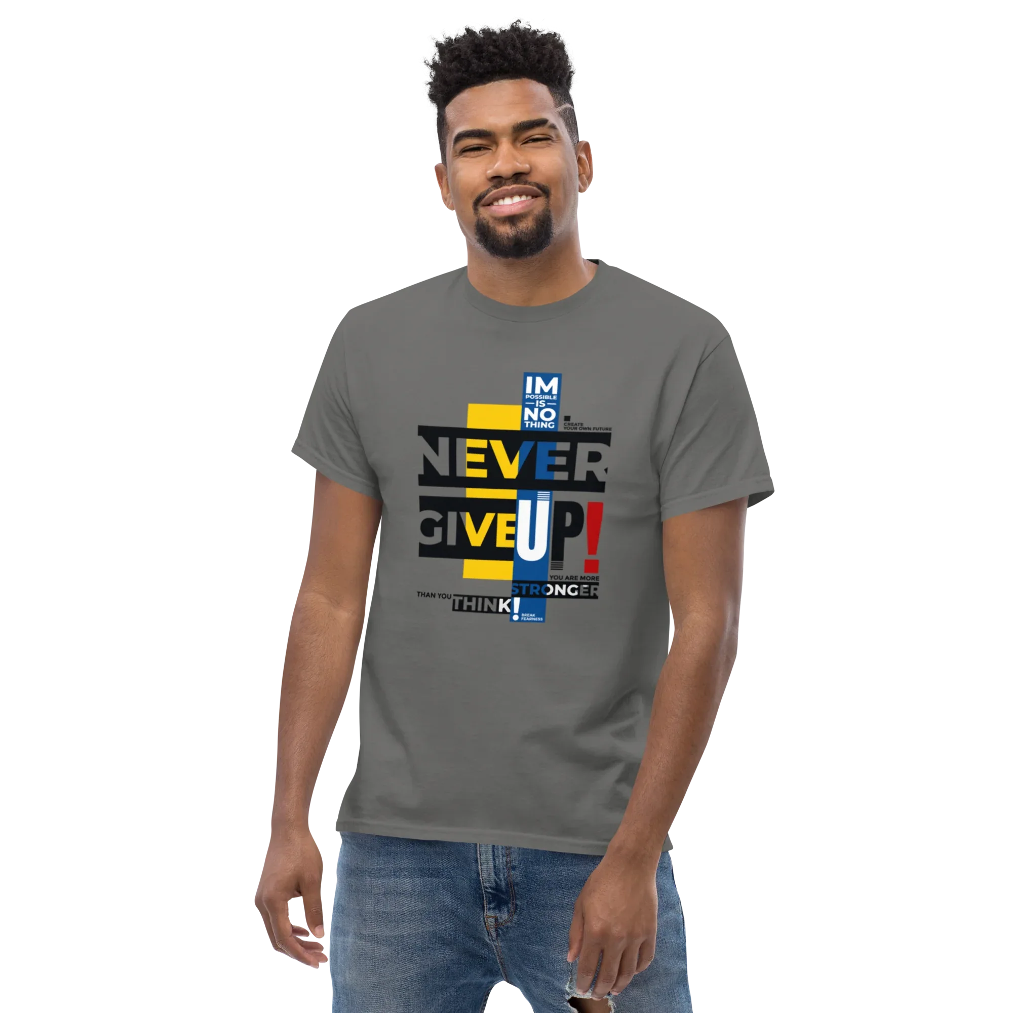 NEVER GIVE UP men’s t-shirt - Dark Heather / S - Printoo Shop - 3706269_15843