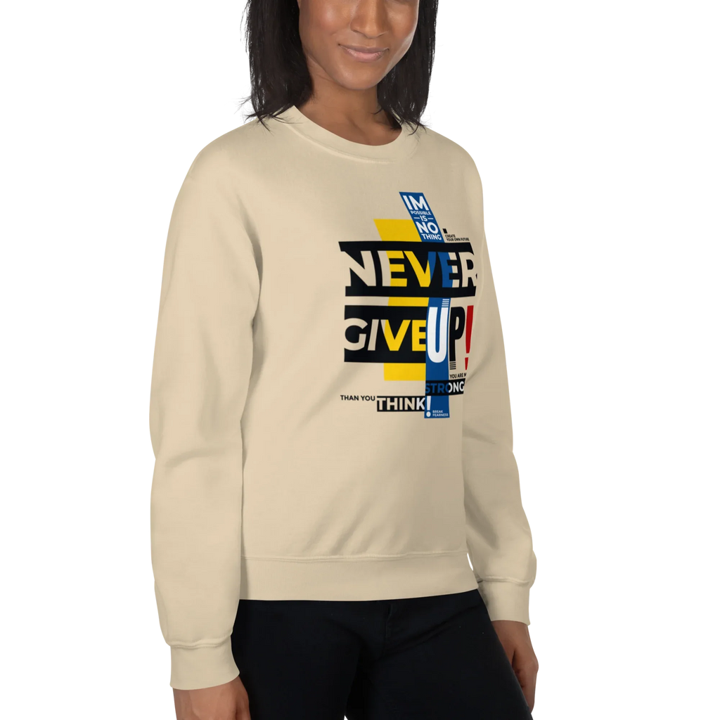 NEVER GIVE UP women’s sweatshirt - Sand / S - Printoo Shop - 5061087_16876