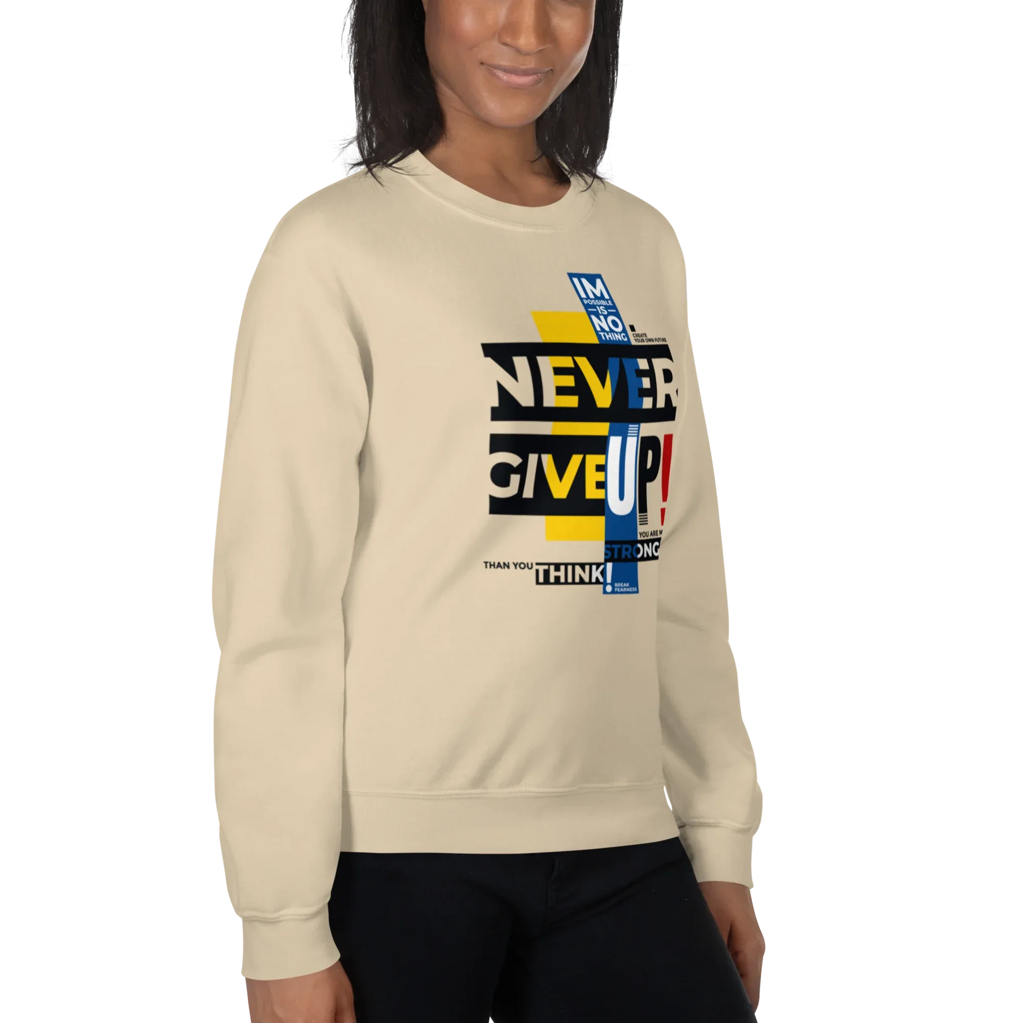 NEVER GIVE UP women’s sweatshirt - Sand / S - Printoo Shop - 5061087_16876