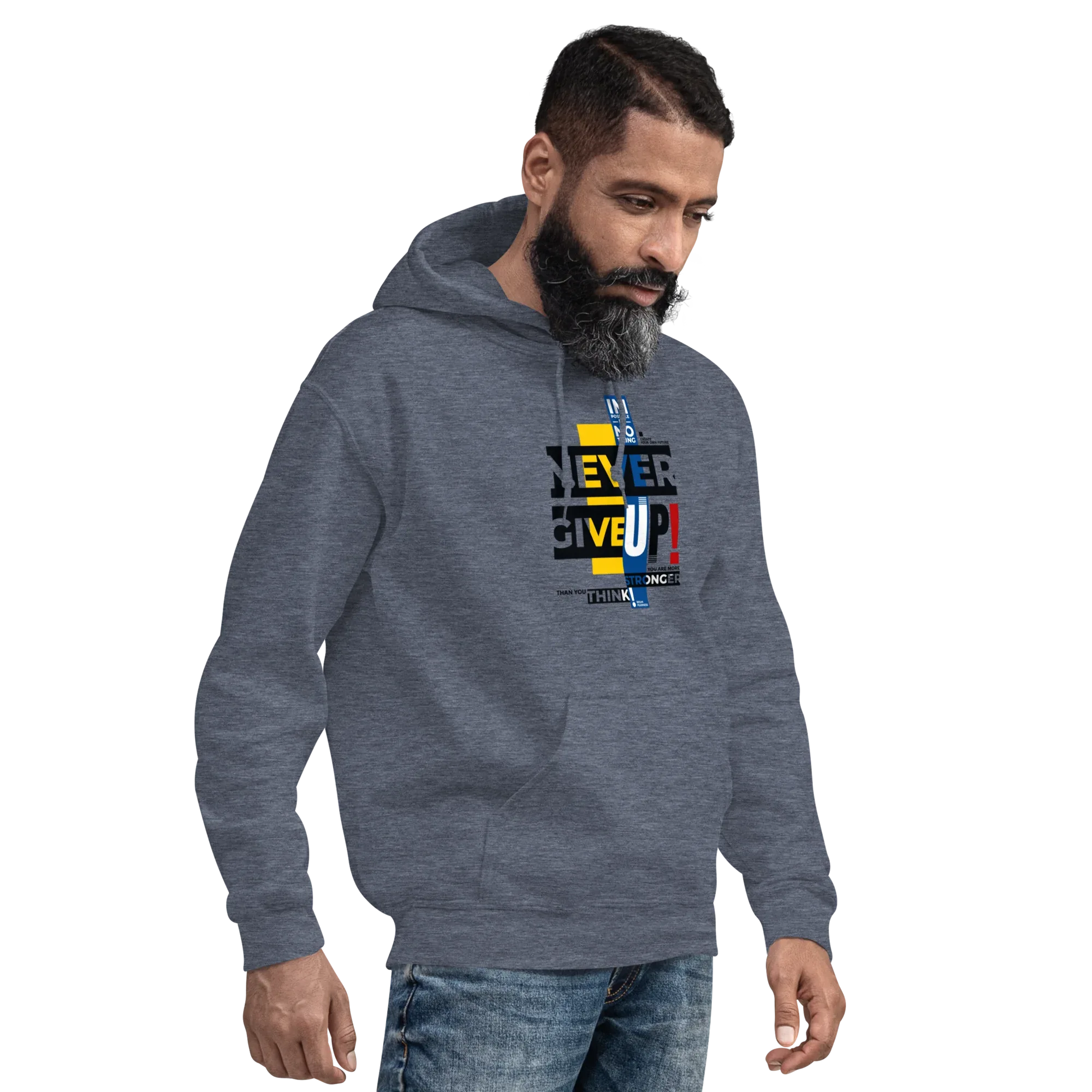 NEVER GIVE UP men’s hoodie - Indigo Blue / S - Printoo Shop - 6447029_5562