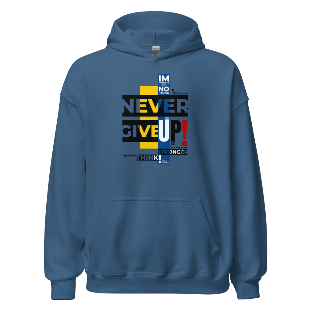 NEVER GIVE UP men’s hoodie - Indigo Blue / S - Printoo Shop - 6447029_5562