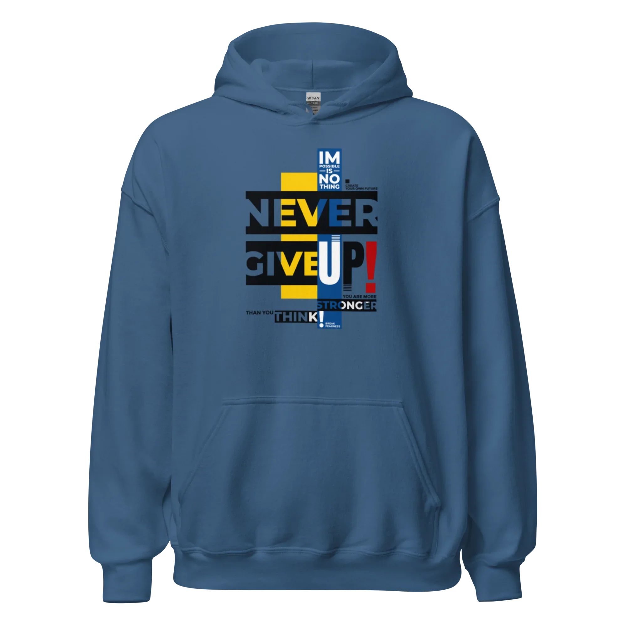 NEVER GIVE UP men’s hoodie - Indigo Blue / S - Printoo Shop - 6447029_5562