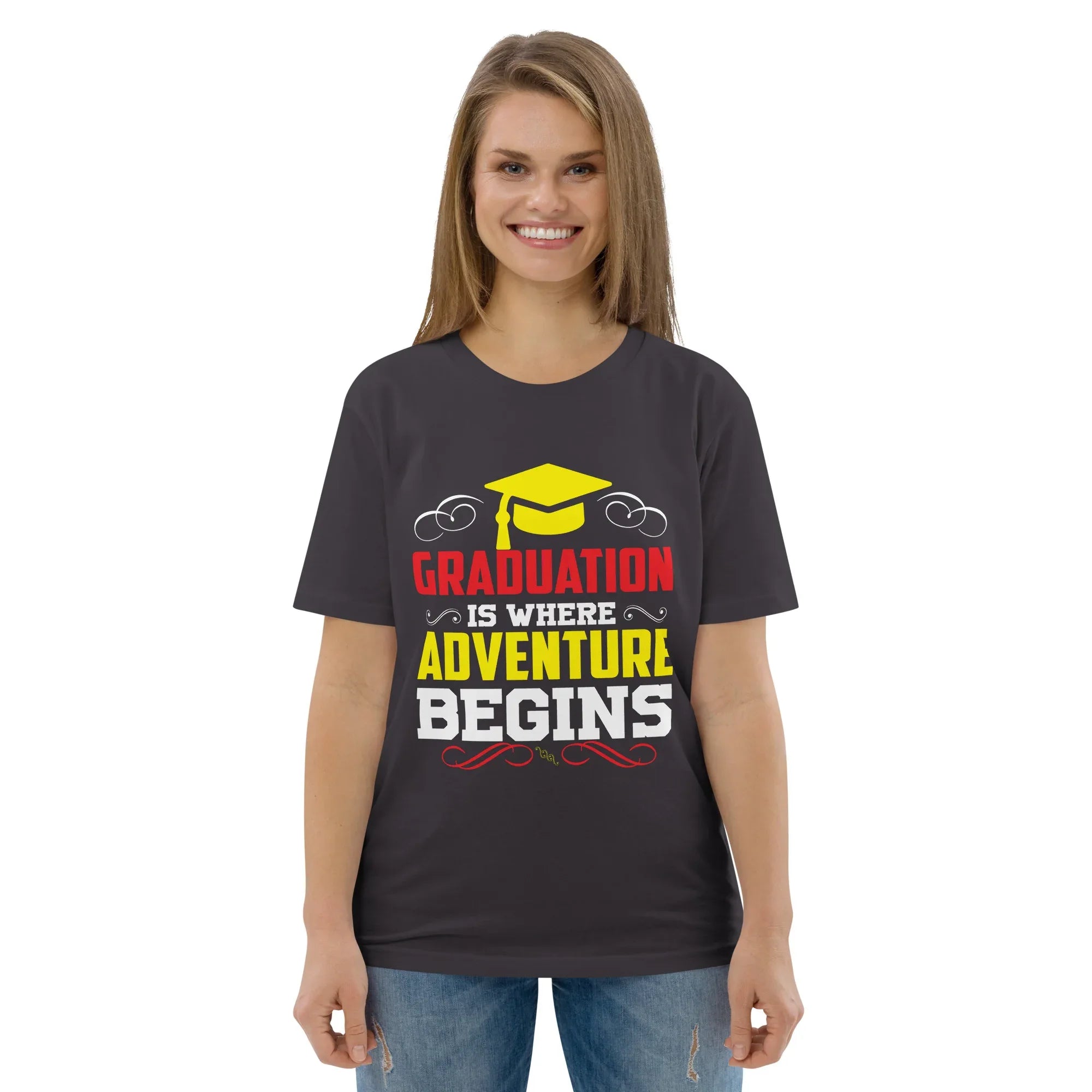 ADVENTURE BEGINS unisex t-shirt - Printoo Shop - - graduation, t-shirt, unisex, Unisex Organic Cotton T-Shirt | Stanley/Stella STTU169