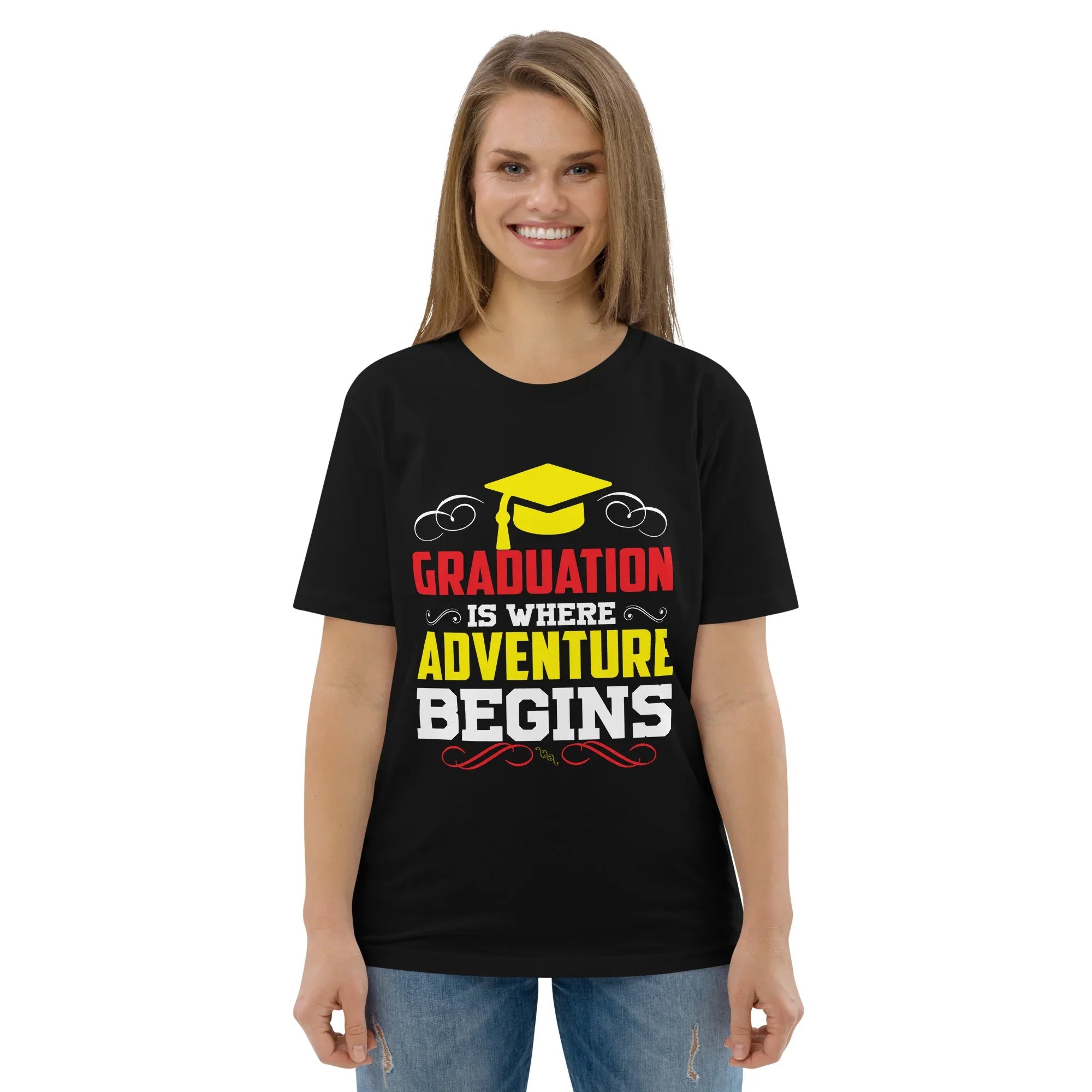 ADVENTURE BEGINS unisex t-shirt - Printoo Shop - - graduation, t-shirt, unisex, Unisex Organic Cotton T-Shirt | Stanley/Stella STTU169