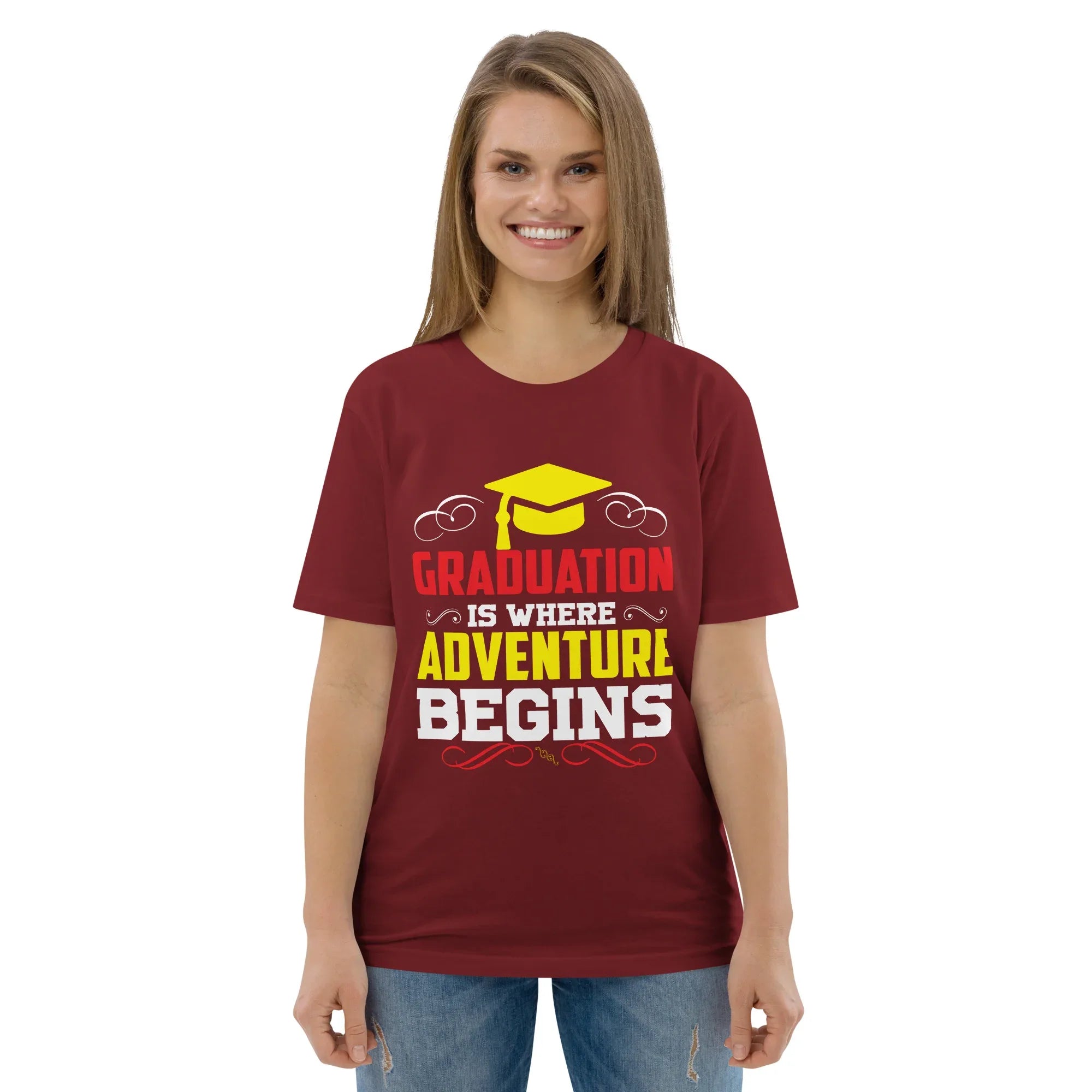 ADVENTURE BEGINS unisex t-shirt - Printoo Shop - - graduation, t-shirt, unisex, Unisex Organic Cotton T-Shirt | Stanley/Stella STTU169