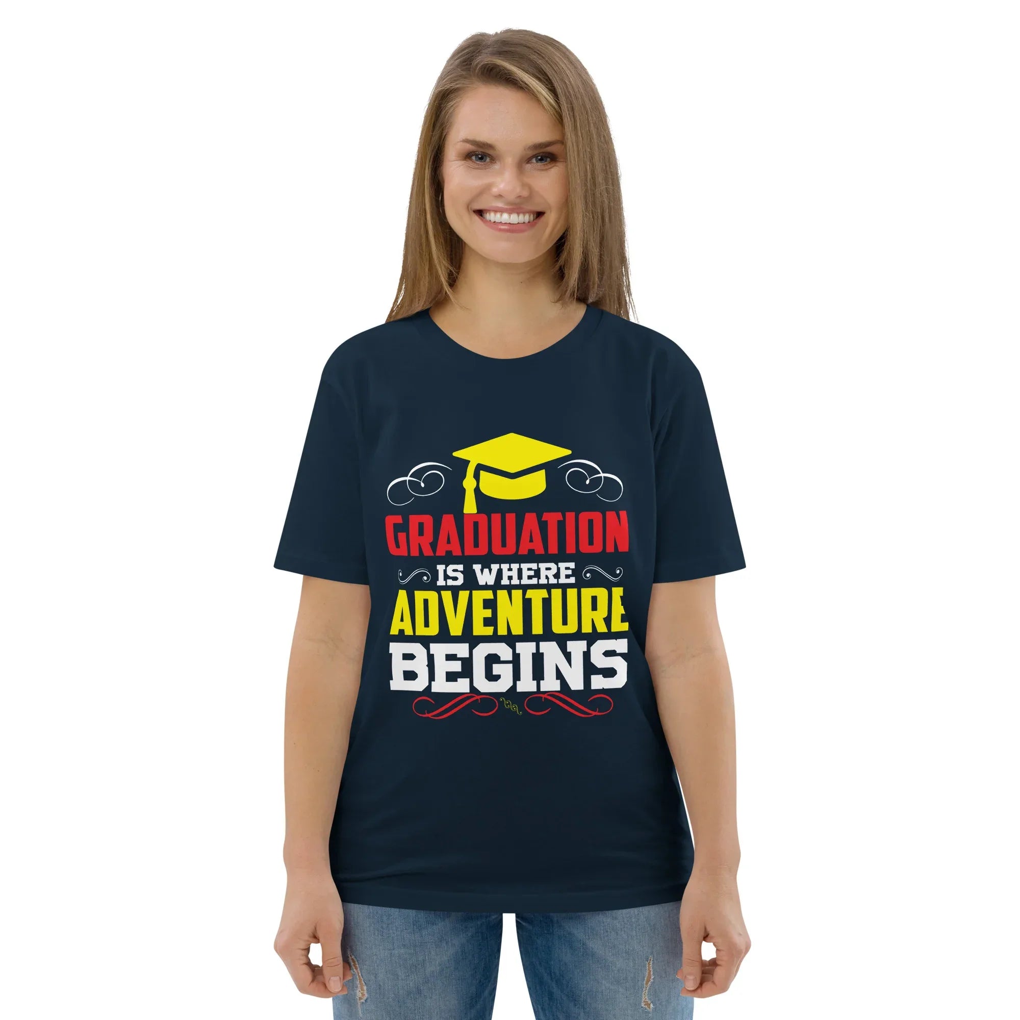 ADVENTURE BEGINS unisex t-shirt - Printoo Shop - - graduation, t-shirt, unisex, Unisex Organic Cotton T-Shirt | Stanley/Stella STTU169