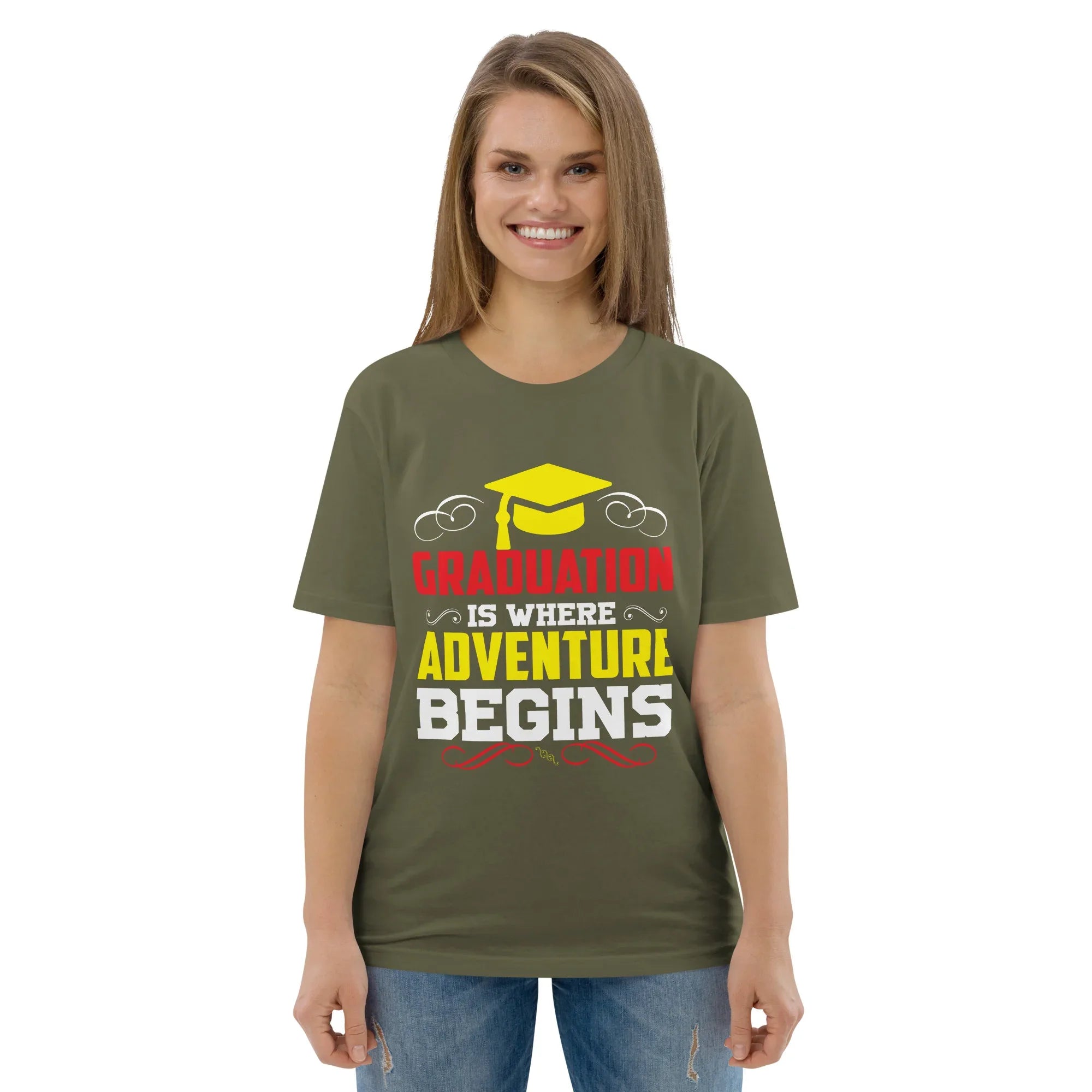 ADVENTURE BEGINS unisex t-shirt - Printoo Shop - - graduation, t-shirt, unisex, Unisex Organic Cotton T-Shirt | Stanley/Stella STTU169