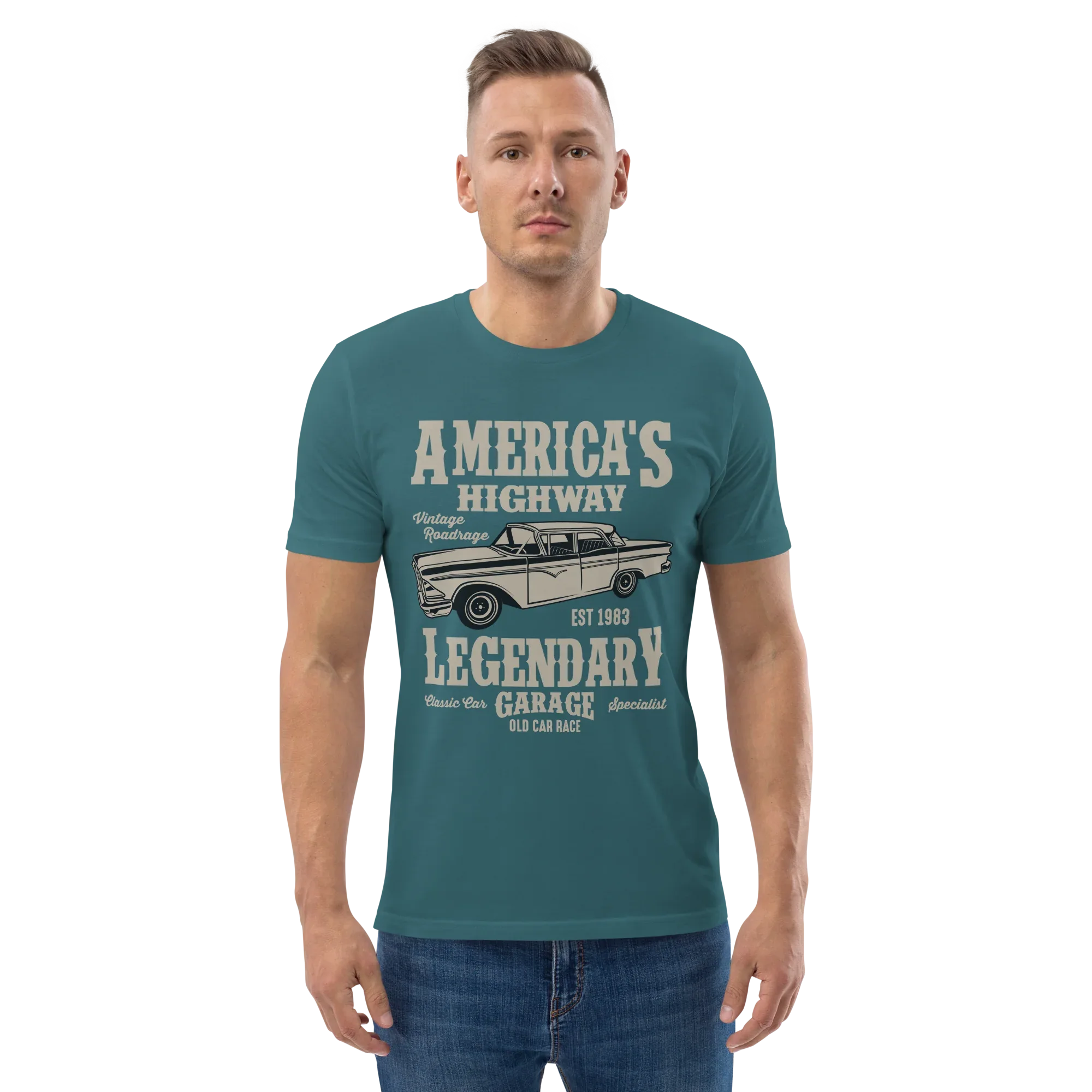 AMERICA'S HIGHWAY unisex t-shirt - Printoo Shop - - cars, t-shirt, unisex, Unisex Organic Cotton T-Shirt | Stanley/Stella STTU169