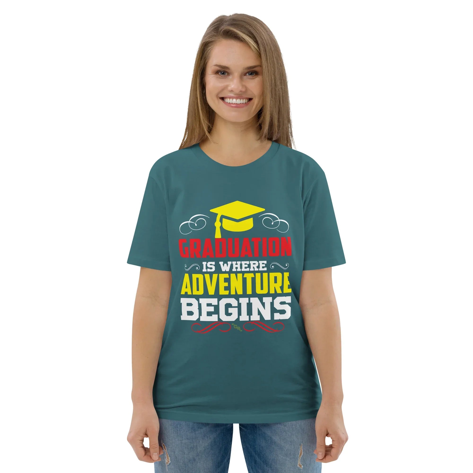 ADVENTURE BEGINS unisex t-shirt - Printoo Shop - - graduation, t-shirt, unisex, Unisex Organic Cotton T-Shirt | Stanley/Stella STTU169