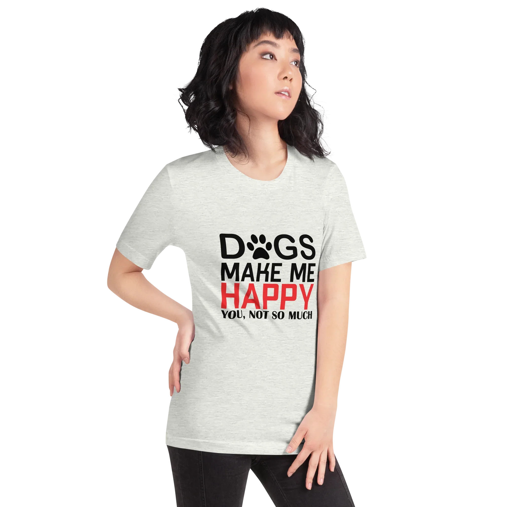 DOGS MAKE ME HAPPY Unisex T-Shirt - Heather Deep Teal / S - Printoo Shop - 6488384_8481. Bild eines meliert petrolfarbenen Unisex-T-Shirts mit dem Aufdruck 'DOGS MAKE ME HAPPY'.