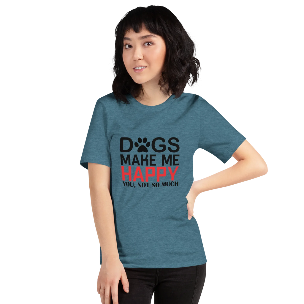 DOGS MAKE ME HAPPY Unisex T-Shirt - Heather Deep Teal / S - Printoo Shop - 6488384_8481. Bild eines meliert petrolfarbenen Unisex-T-Shirts mit dem Aufdruck 'DOGS MAKE ME HAPPY'.