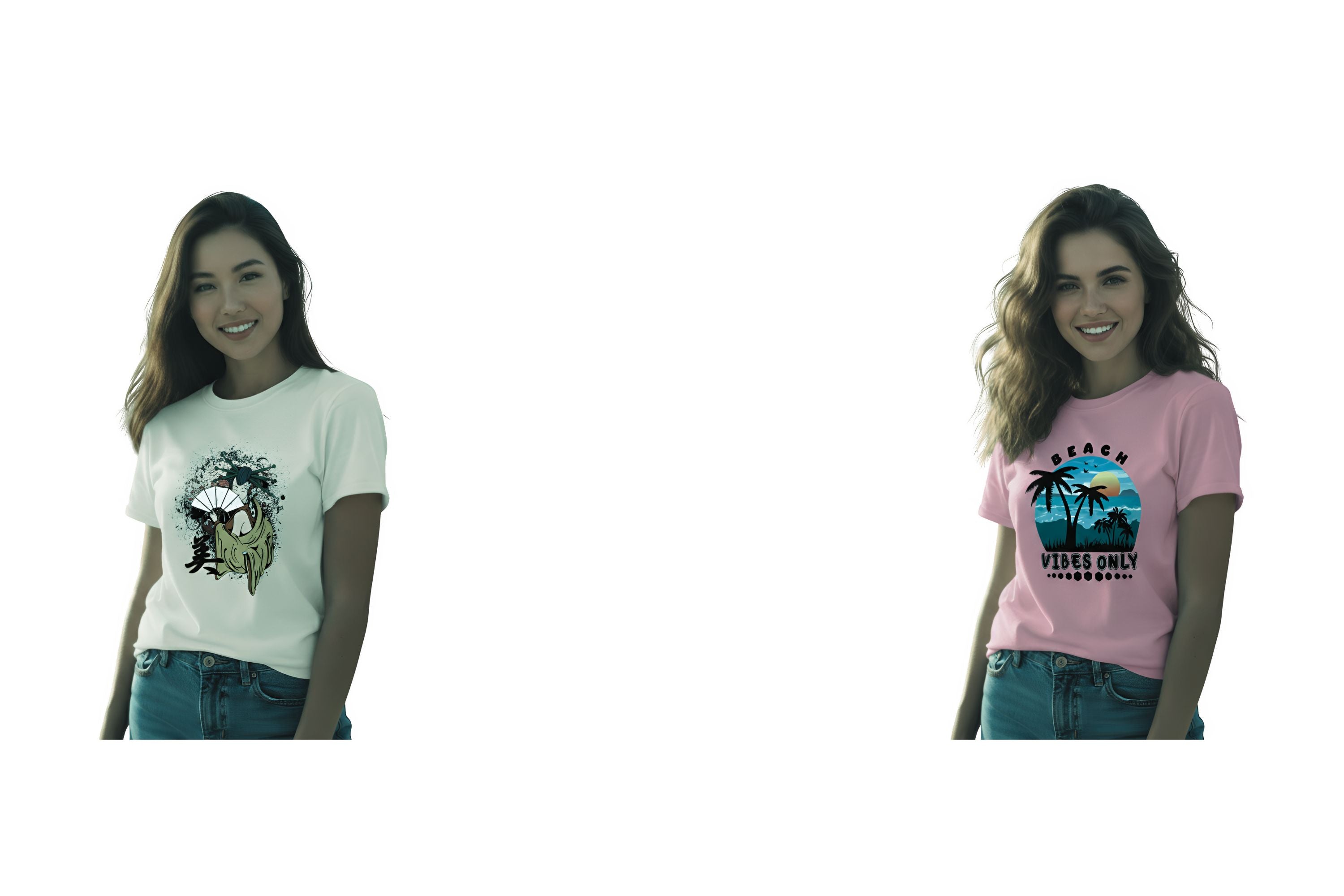 Two women wearing t-shirts with different designs on a white background